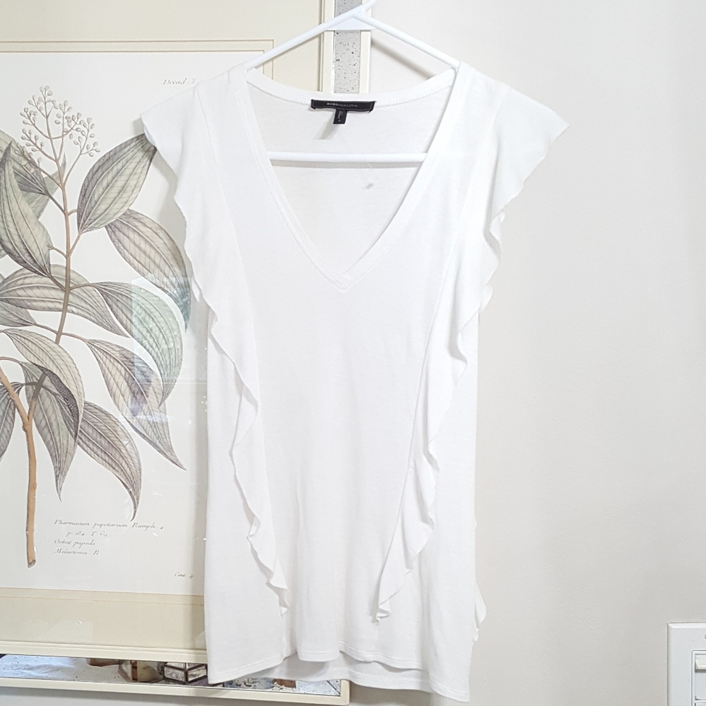 BCBG Off White Ribbed Blouse With Front & Back Ruffles - Picture 11 of 13